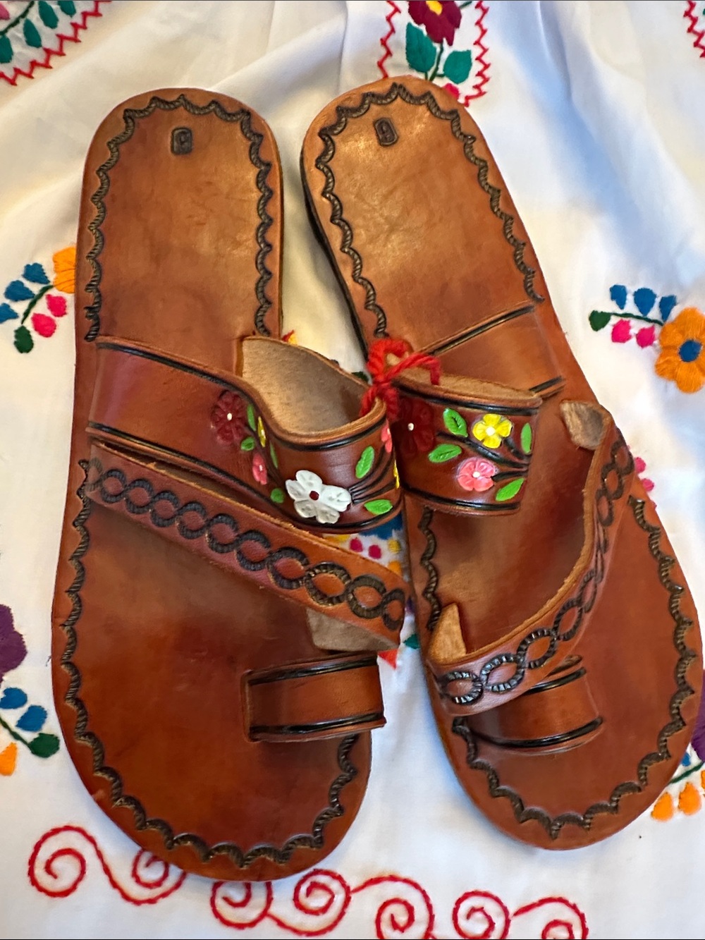 SIZE 9US  Hand-Painted Brown Leather Floral Sandals